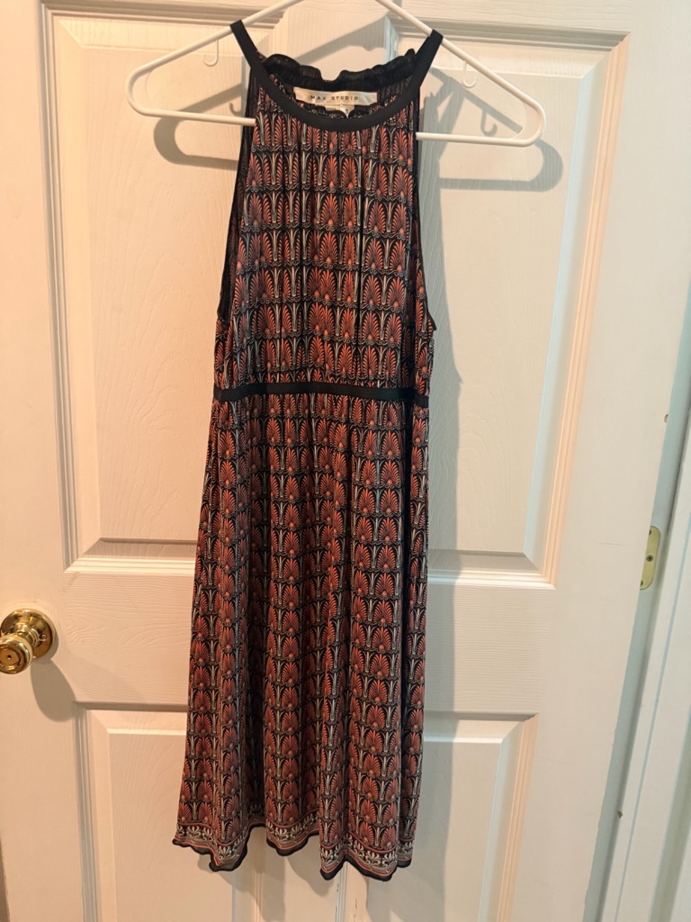 Max Studio Coral and Black Patterned High-Neck Midi Dress